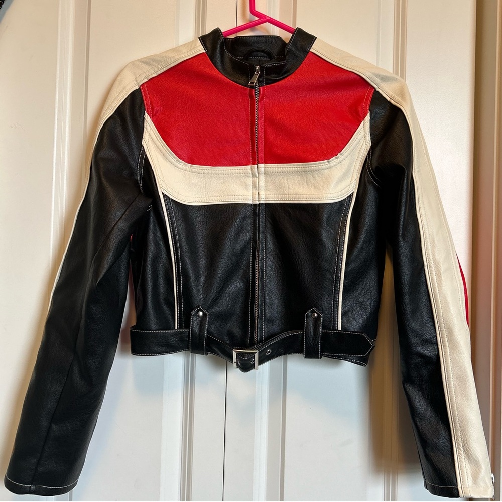 Urban Outfitters Black, Red, and White Leather Moto Jacket